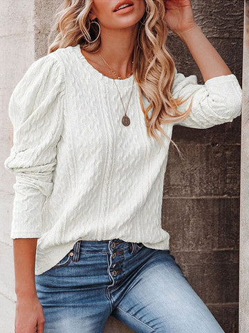 Woochic pull épaule tombante plissé col rond manches longues femme casual Blanche S